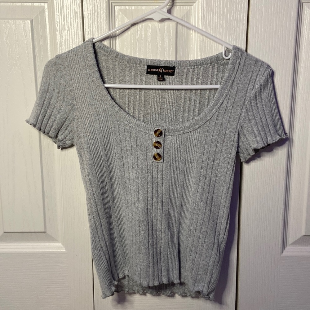 Junior women’s grey half button up t shirt